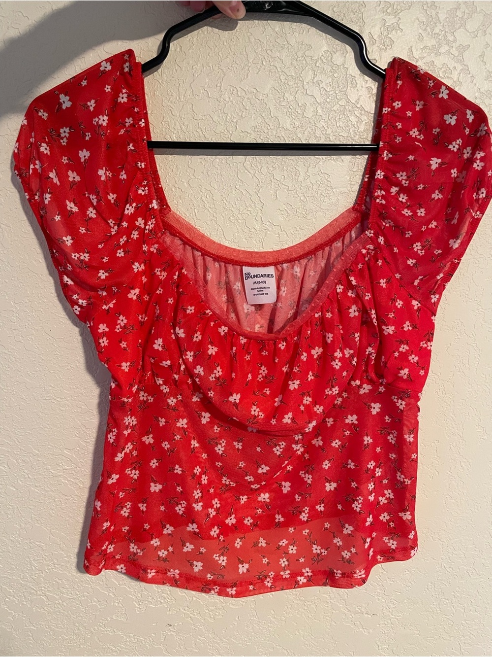 No Boundaries Red Floral Scoop Neck Puff Sleeve Top